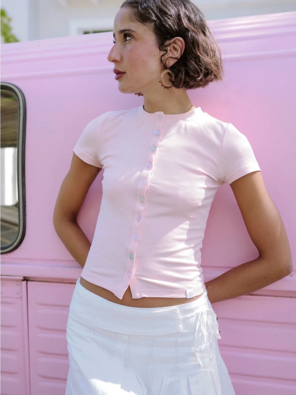 Women's Light Pink Short-Sleeve Button Front Top